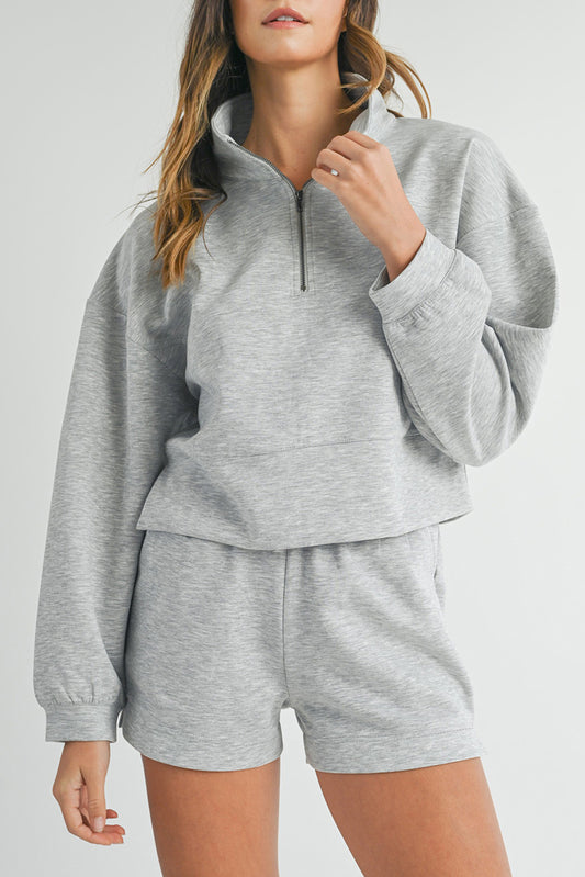 Light Grey Stand Neck Zipped Sweatshirt and Shorts Set Light Grey / S / 50%Polyester+45%Viscose+5%Elastane Light Grey / M / 50%Polyester+45%Viscose+5%Elastane 
