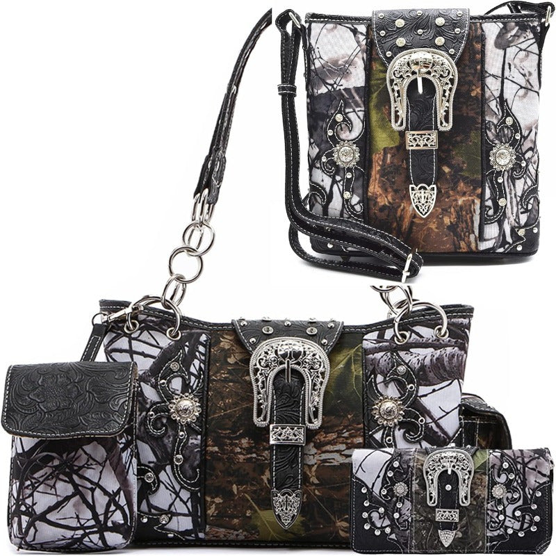 Camouflage Purse with Concho Buckle and Floral Studs Crossbody Handbag Shoulder Bag Wallet Set 4piece Set Black 4piece Set Turquoise 4piece Set Black-4piece Set Turquoise-