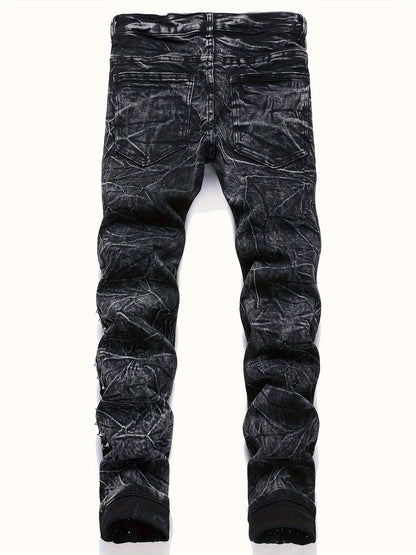 Men's Slim-Fit Rivet-Studded Denim Jeans - Punk Style, Stretch Cotton Blend Black / 30 Black / 32 Black / 34 Black / 30-Black / 32-Black / 34-Black / 36-Black / 38-