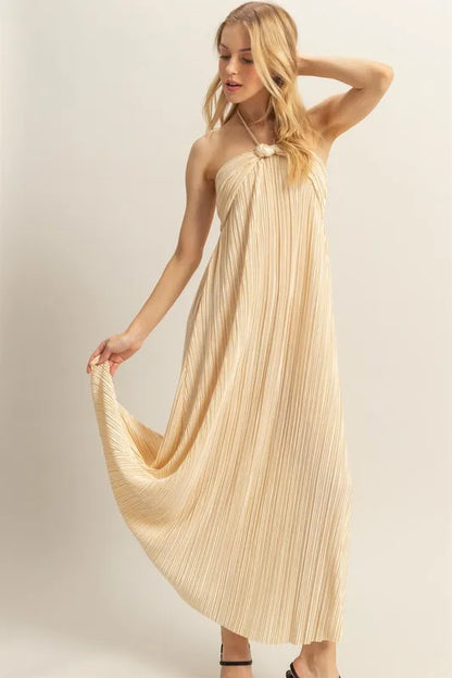 HYFVE Knotted Detail Halter Neck Flowy Maxi Dress Champagne / S Champagne / M Champagne / L Champagne / S-Champagne / M-Champagne / L-