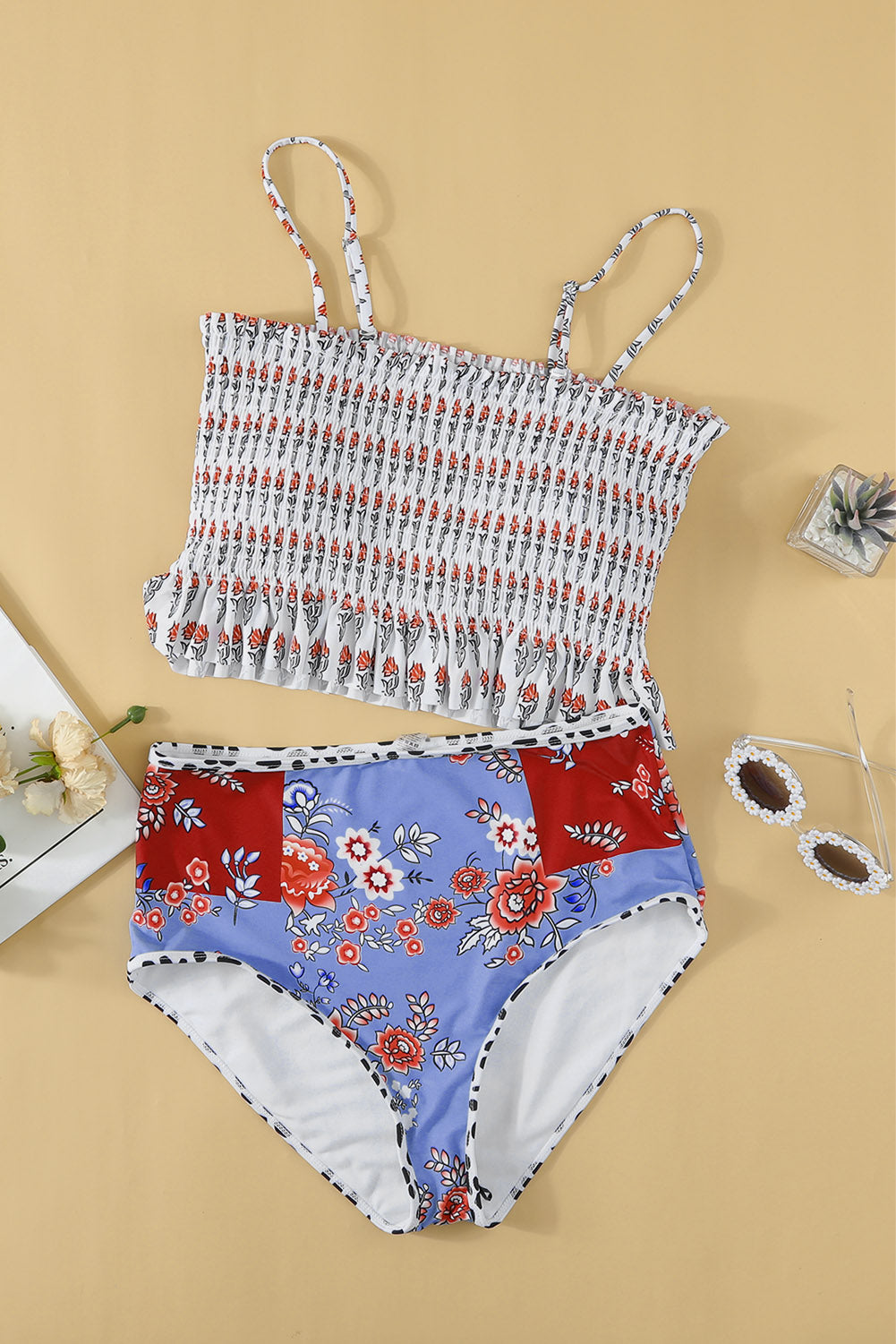 Printed Smocked High-Waisted Swimsuit - Perfect for Poolside Glam!