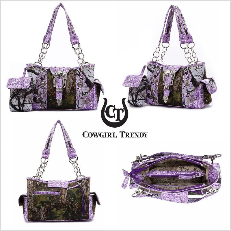 Camouflage Purse with Concho Buckle and Floral Studs Crossbody Handbag Shoulder Bag Wallet Set 4piece Set Black 4piece Set Turquoise 4piece Set Black-4piece Set Turquoise-