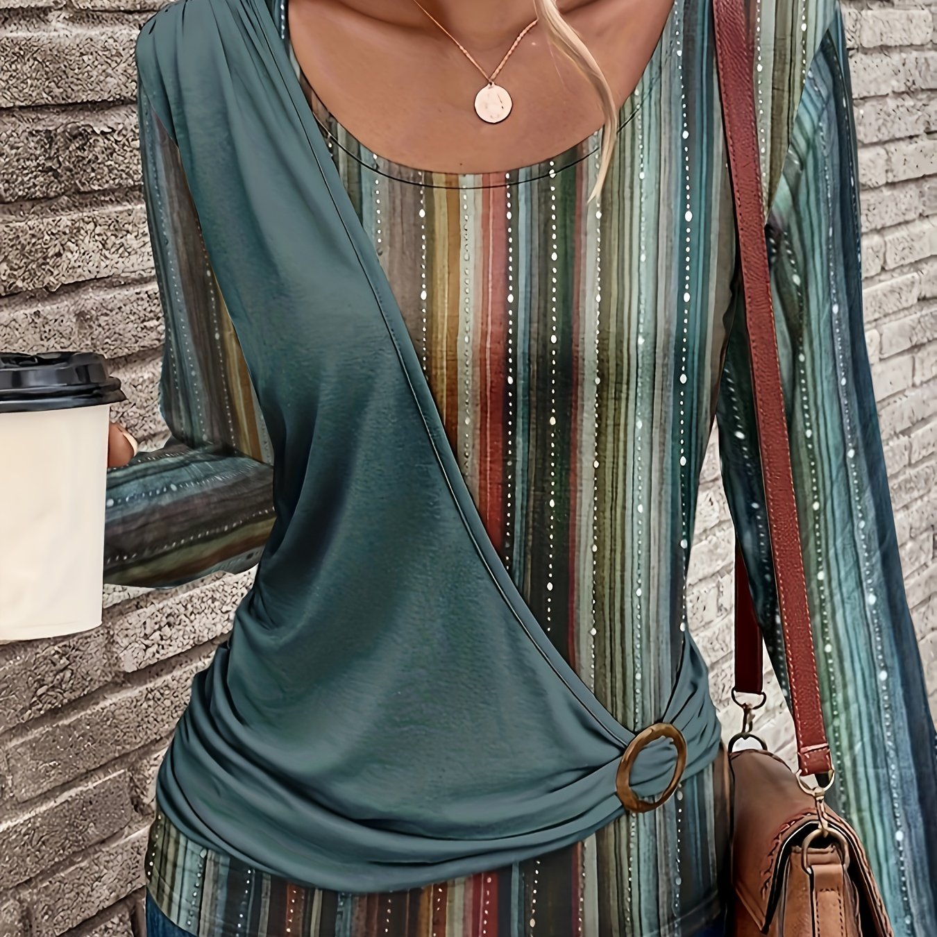 Stylish Circle Decorated Long-Sleeve Round Neck Printed T-Shirt - Soft Casual Top for Autumn and Spring - Fashionable Circle Pattern Design