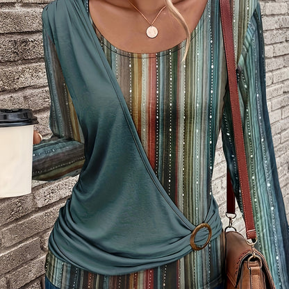 Stylish Circle Decorated Long-Sleeve Round Neck Printed T-Shirt - Soft Casual Top for Autumn and Spring - Fashionable Circle Pattern Design