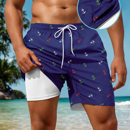 Men'S Swim Trunk With Compression Liner Navy Blue Anchor PrintQuick Dry Board Sh