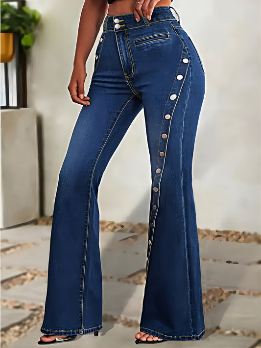 Vintage Style Plus Size Flared Jeans for Women, High Waist Denim with Button Detail Bell Bottoms