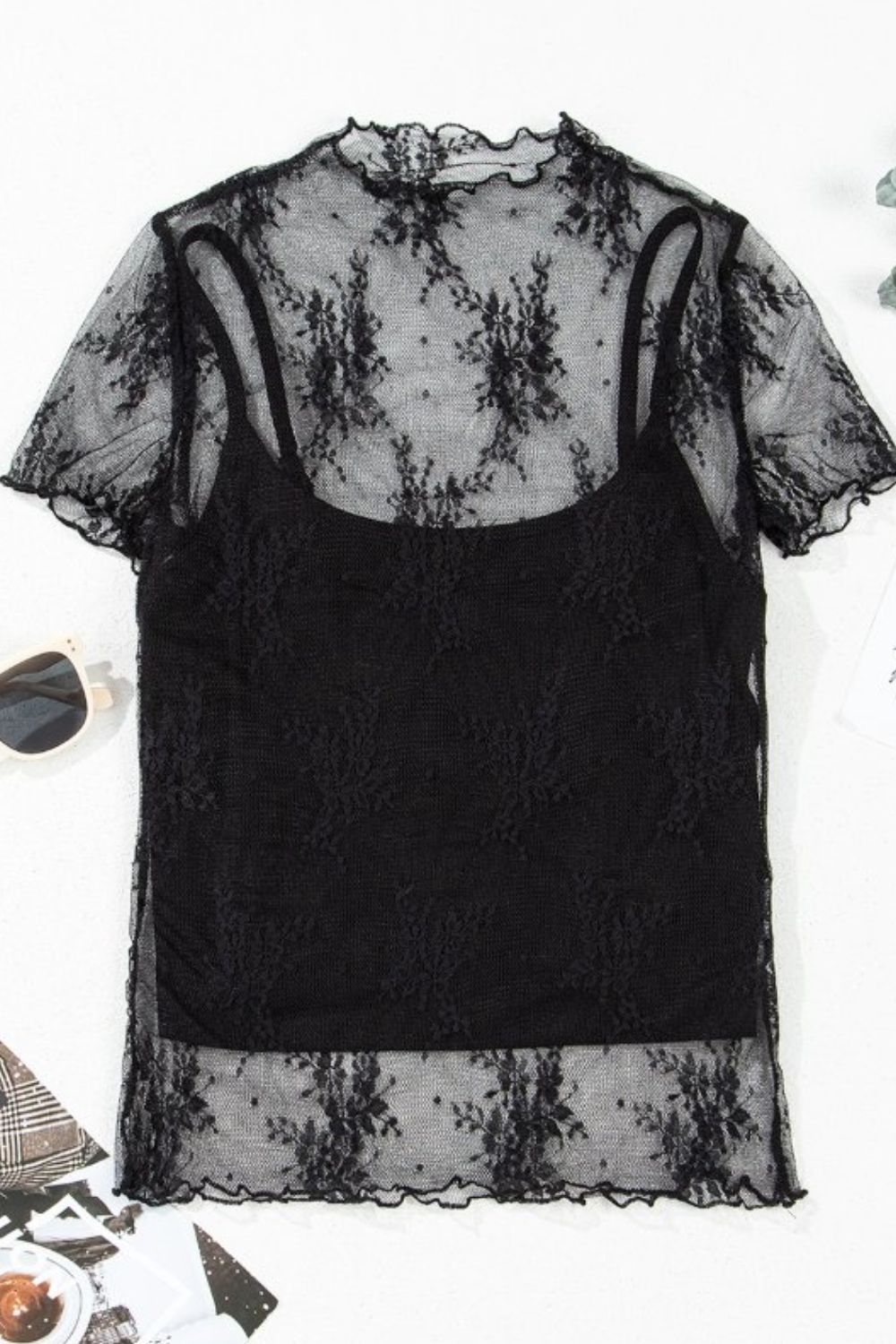 Floral Sheer Mesh Short Sleeve Top and Cami Set Black / S Black / M Black / XL Black / S-Black / M-Black / XL-Black / L-