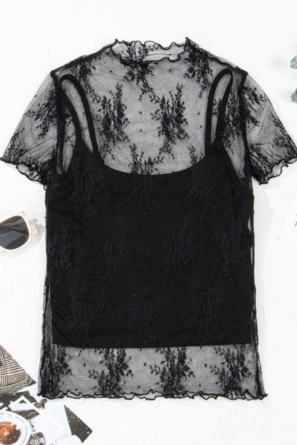 Floral Sheer Mesh Short Sleeve Top and Cami Set Black / S Black / M Black / XL Black / S-Black / M-Black / XL-Black / L-