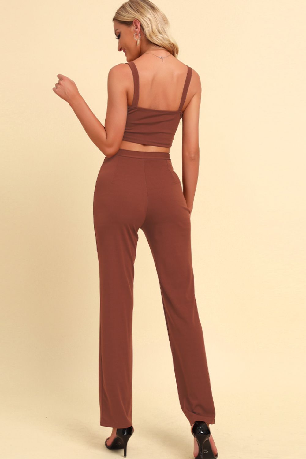 Chain Detail Cropped Cami and Straight Leg Pants Set Caramel / S Caramel / M Caramel / L Caramel / S-Caramel / M-Caramel / L-Black / M-Black / S-Black / L-