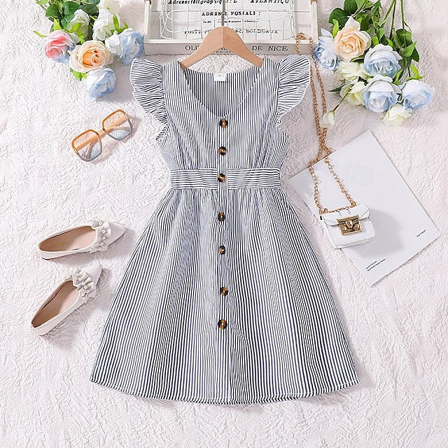 Enchanting 3D Striped Ruffle Dress for Girls – Sweet Summer A-Line Dress for Ages 4-12