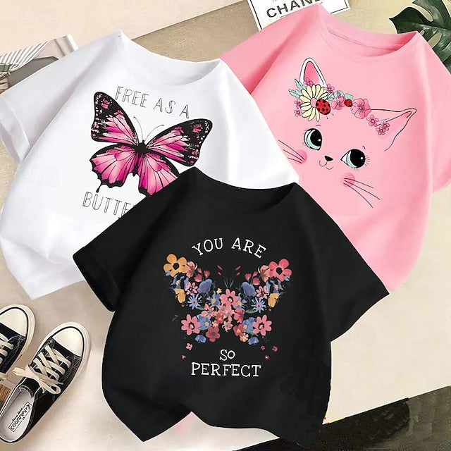 Adorable Multi-Pack: Girls' Cat-Themed Cotton T-Shirts - Black, Pink & White (3 Pairs) Black+Pink+White / 4 Years(110cm) Black+Pink+White / 4-5 Years(120cm) Black+Pink+White / 5-6 Years(130cm) Black+Pink+White / 4 Years(110cm)-Black+Pink+White / 4-5 Years(120cm)-Black+Pink+White / 5-6 Years(130cm)-Black+Pink+White / 7-8 Years(140cm)-Black+Pink+White / 9-10 Years(150cm)-
