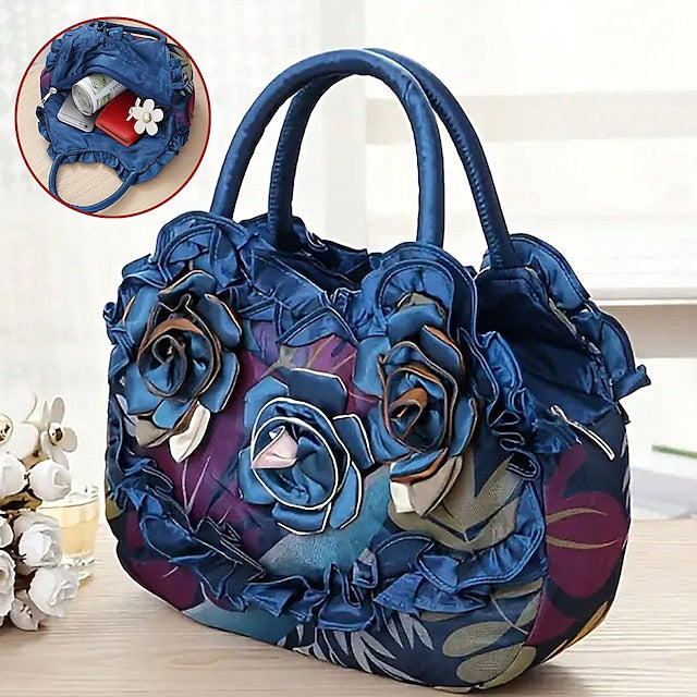 Chic Women's Silk Handbag for Parties & Daily Use – Durable, Anti-Dust Floral Design Blue khaki Black Blue-khaki-Black-Purple-Red-