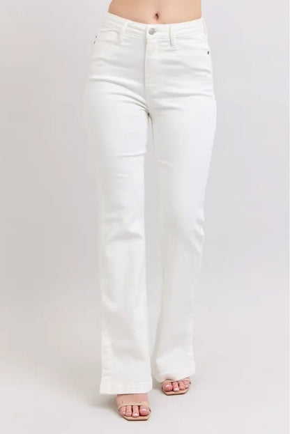 Judy Blue Full Size High Waist Side Slit Slim Bootcut Jeans Plus Size WHT / 14W WHT / 11(30) WHT / 0(24) WHT / 14W-WHT / 11(30)-WHT / 0(24)-WHT / 1(25)-WHT / 3(26)-WHT / 5(27)-WHT / 7(28)-WHT / 9(29)-WHT / 13(31)-WHT / 15(32)-WHT / 16W-WHT / 18W-WHT / 20W-WHT / 22W-WHT / 24W-
