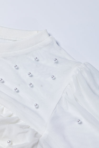 Pearl Decor Mesh Patchwork Ribbed Long Sleeve Top White / M White / L White / XL White / M-White / L-White / XL-White / S-