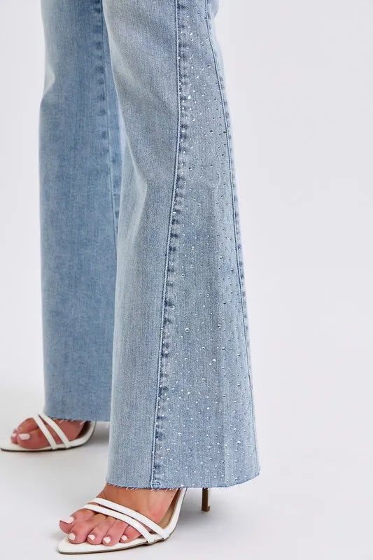 Judy Blue Full Size Midi Rise Rhinestone Side Panel Detail Flare Jeans Plus Size LT / 1(25) LT / 5(27) LT / 7(28) LT / 1(25)-LT / 5(27)-LT / 7(28)-LT / 9(29)-LT / 20W-LT / 0(24)-LT / 3(26)-LT / 11(30)-LT / 13(31)-LT / 15(32)-LT / 14W-LT / 16W-LT / 18W-LT / 22W-LT / 24W-