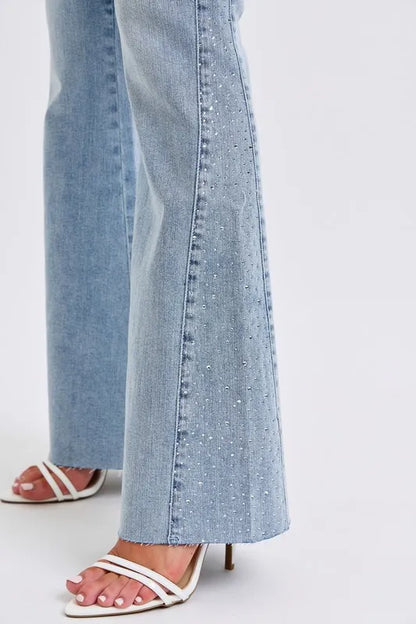Judy Blue Full Size Midi Rise Rhinestone Side Panel Detail Flare Jeans Plus Size LT / 1(25) LT / 5(27) LT / 7(28) LT / 1(25)-LT / 5(27)-LT / 7(28)-LT / 9(29)-LT / 20W-LT / 0(24)-LT / 3(26)-LT / 11(30)-LT / 13(31)-LT / 15(32)-LT / 14W-LT / 16W-LT / 18W-LT / 22W-LT / 24W-