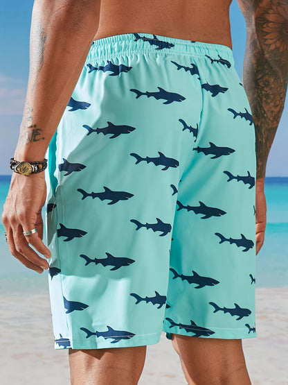 Men's Quick-Dry Hawaiian Swim Trunks with Adjustable Elastic Waist & Anti-Slip Pockets - Lightweight Beach Shorts, 95% Polyester 5% Spandex, Shark Print Design for Surfing, Swimming & Summer Activities, Surfing Essentials, Pl