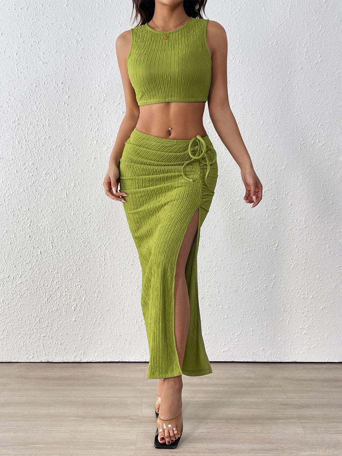 Perfee Texture Cropped Tank and Ruched Skirt Set Lime / S Lime / M Lime / L Lime / S-Lime / M-Lime / L-Lime / XL-