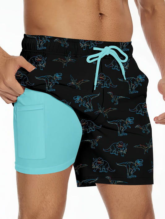 2-in-1 Quick-Dry Men's Swim Trunks | Dinosaur Print Board Shorts with Adjustable Drawstring Waist, Black with Blue Accents