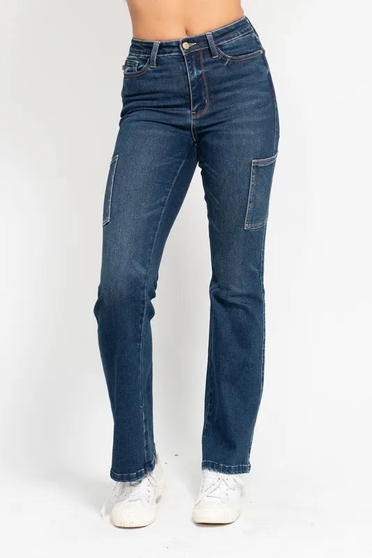 Judy Blue Full Size High Waist Cargo Bootcut Jeans Plus Size DK / 1(25) DK / 3(26) DK / 5(27) DK / 1(25)-DK / 3(26)-DK / 5(27)-DK / 7(28)-DK / 9(29)-DK / 11(30)-DK / 13(31)-DK / 15(32)-DK / 14W-DK / 16W-DK / 18W-DK / 20W-DK / 22W-DK / 24W-DK / 0(24)-