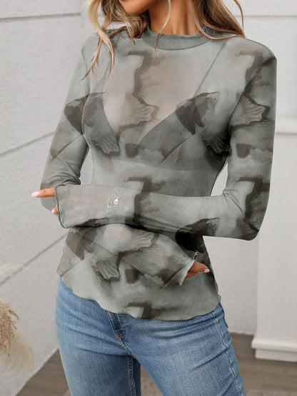 Printed Mock Neck Long Sleeve Mesh T-Shirt Ink Painting / S Ink Painting / M Ink Painting / L Ink Painting / S-Ink Painting / M-Ink Painting / L-Ink Painting / XL-Black / S-Black / M-Black / L-Black / XL-