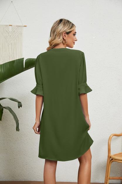 Notched Neck Flounce Sleeve Dress White / 2XL Green / 2XL White / S White / 2XL-Green / 2XL-White / S-Sky Blue / M-Green / L-White / XL-Black / M-Green / M-Navy / 2XL-Navy / L-Sky Blue / 2XL-White / L-Black / 2XL-Black / XL-Sky Blue / L-Black / L-Navy / XL-Sky Blue / XL-Black / S-Navy / M-Sky Blue / S-Green / S-Navy / S-Green / XL-White / M-