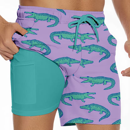 Men'S Summer Double-Layer Anti-Glare Beach Shorts, Casual Non-Stretch Fabric, Regular Fit with Flamingo Print