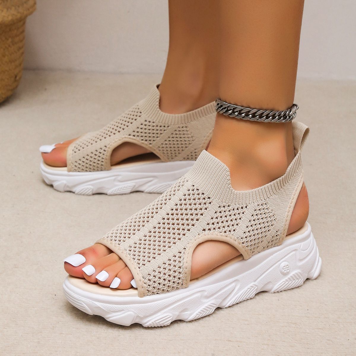 Peep Toe Cutout Mesh Sandals Beige