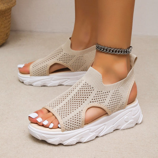 Peep Toe Cutout Mesh Sandals Beige