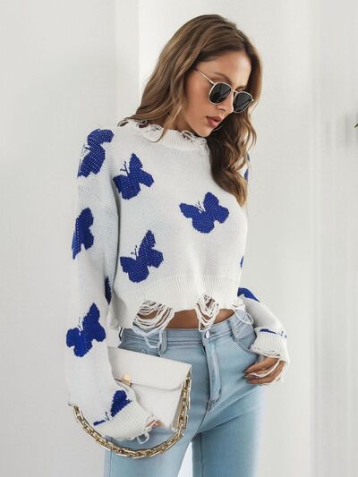 Distressed Butterfly Cropped Sweater White / S White / M White / L White / S-White / M-White / L-Black / S-Black / M-Black / L-Blush Pink / S-Blush Pink / M-Blush Pink / L-