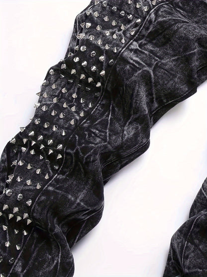 Men's Slim-Fit Rivet-Studded Denim Jeans - Punk Style, Stretch Cotton Blend Black / 30 Black / 32 Black / 34 Black / 30-Black / 32-Black / 34-Black / 36-Black / 38-