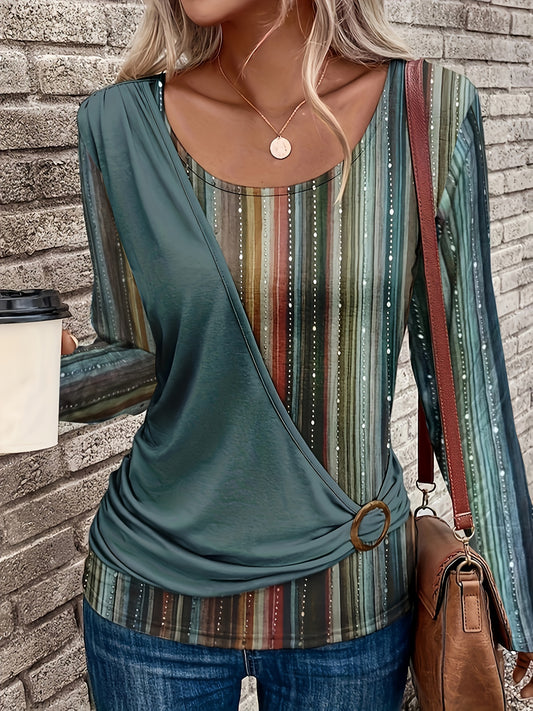 Stylish Circle Decorated Long-Sleeve Round Neck Printed T-Shirt - Soft Casual Top for Autumn and Spring - Fashionable Circle Pattern Design