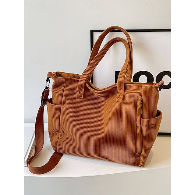 Stylish Women’s Corduroy Crossbody Hobo Bag with Multiple Pockets and Large Brown White Black Brown-White-Black-Green-