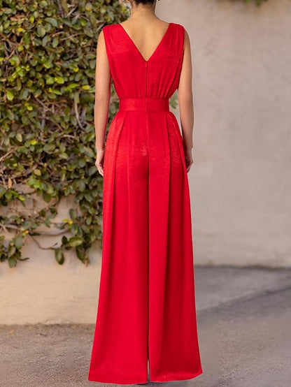 Red Wide-Leg Jumpsuit for Effortless Summer Style - Sleek V-Neck & Pocket Details