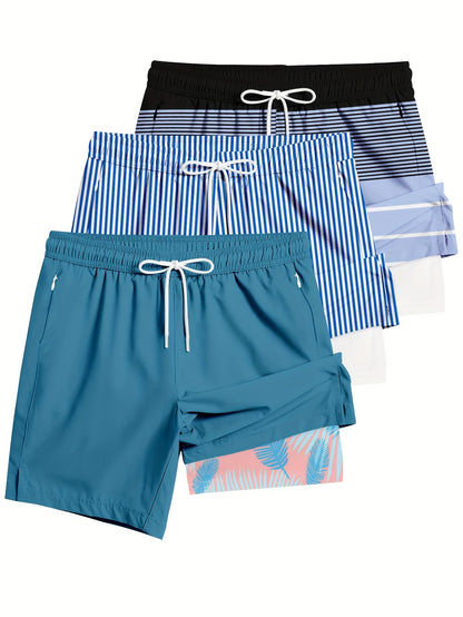3pcs Men's Breathable -Blend Casual Shorts with Zipper Closure & Elastic Waistband - Digital Print Striped