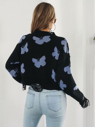 Distressed Butterfly Cropped Sweater White / S White / M White / L White / S-White / M-White / L-Black / S-Black / M-Black / L-Blush Pink / S-Blush Pink / M-Blush Pink / L-