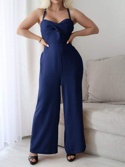 Devine Tie Back Backless Crisscross Jumpsuit Dark Blue