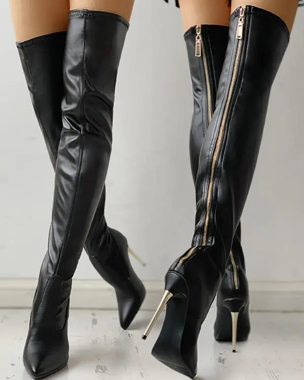 Allure Stiletto: Zipper Knee-High Thin Heel Boots with Pointed Toe black / US6 black / US7 