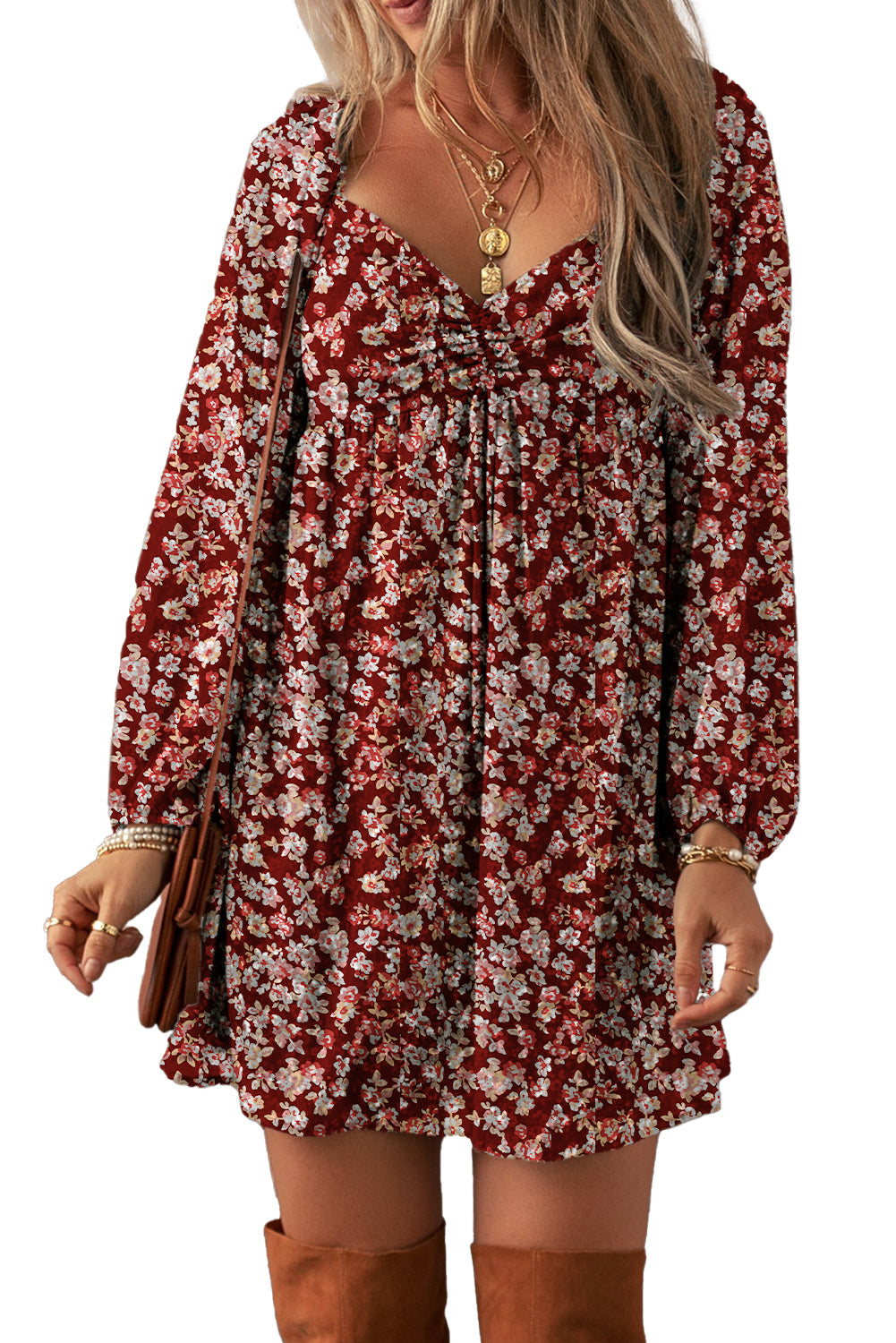 Floral Sweetheart Mini Dress with Shirred Back Red / (US 4-6)S Red / (US 8-10)M 