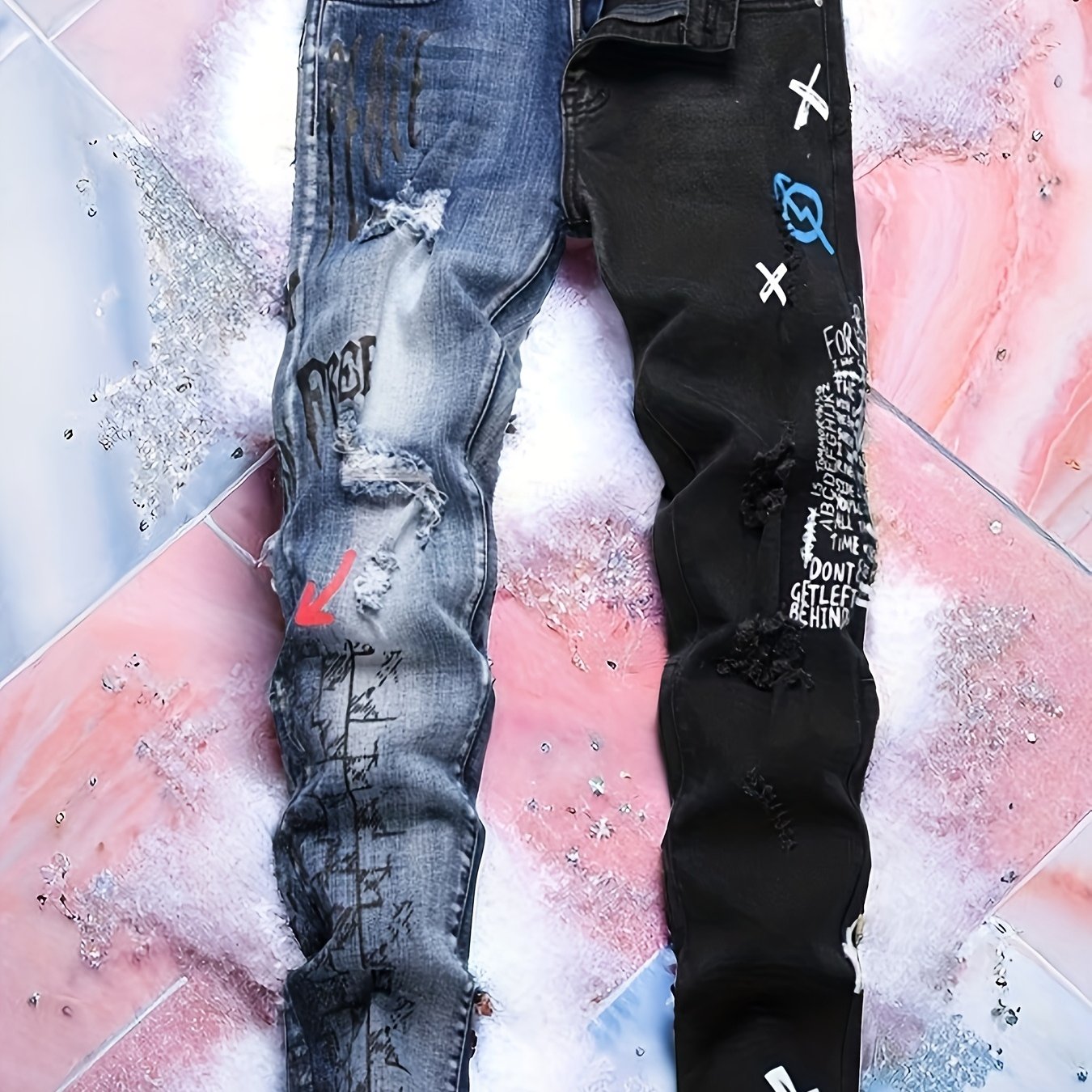 Men'S Ripped Letter Print Stretch Straight Slim Patchwork Jeans Comfortable Indigo / 30 Indigo / 32 Indigo / 34 Indigo / 30-Indigo / 32-Indigo / 34-Indigo / 36-Indigo / 38-