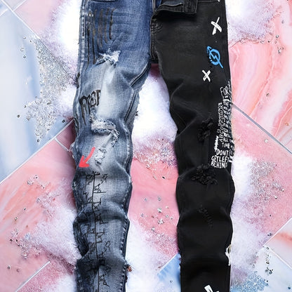 Men'S Ripped Letter Print Stretch Straight Slim Patchwork Jeans Comfortable Indigo / 30 Indigo / 32 Indigo / 34 Indigo / 30-Indigo / 32-Indigo / 34-Indigo / 36-Indigo / 38-
