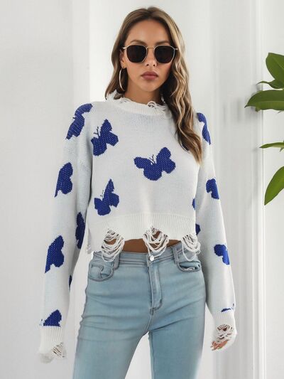 Distressed Butterfly Cropped Sweater White / S White / M White / L White / S-White / M-White / L-Black / S-Black / M-Black / L-Blush Pink / S-Blush Pink / M-Blush Pink / L-