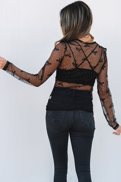 Black Bow Pattern Accent Mesh Long Sleeve Top Black / S / 90%Polyamide+10%Elastane Black / M / 90%Polyamide+10%Elastane Black / L / 90%Polyamide+10%Elastane Black / S / 90%Polyamide+10%Elastane-Black / M / 90%Polyamide+10%Elastane-Black / L / 90%Polyamide+10%Elastane-Black / XL / 90%Polyamide+10%Elastane-