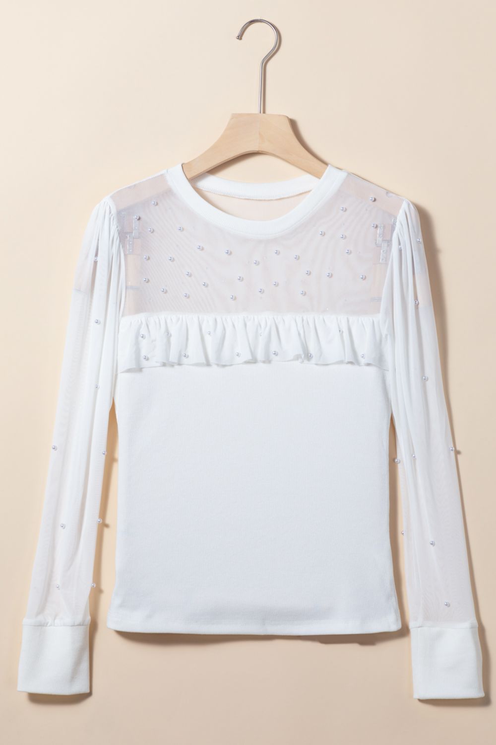 Pearl Decor Mesh Patchwork Ribbed Long Sleeve Top White / M White / L White / XL White / M-White / L-White / XL-White / S-