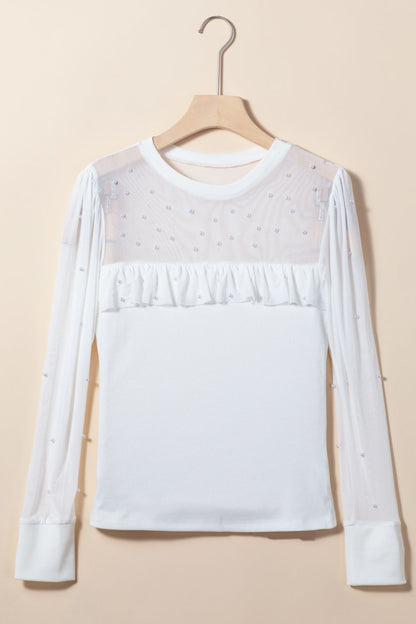 Pearl Decor Mesh Patchwork Ribbed Long Sleeve Top White / M White / L White / XL White / M-White / L-White / XL-White / S-