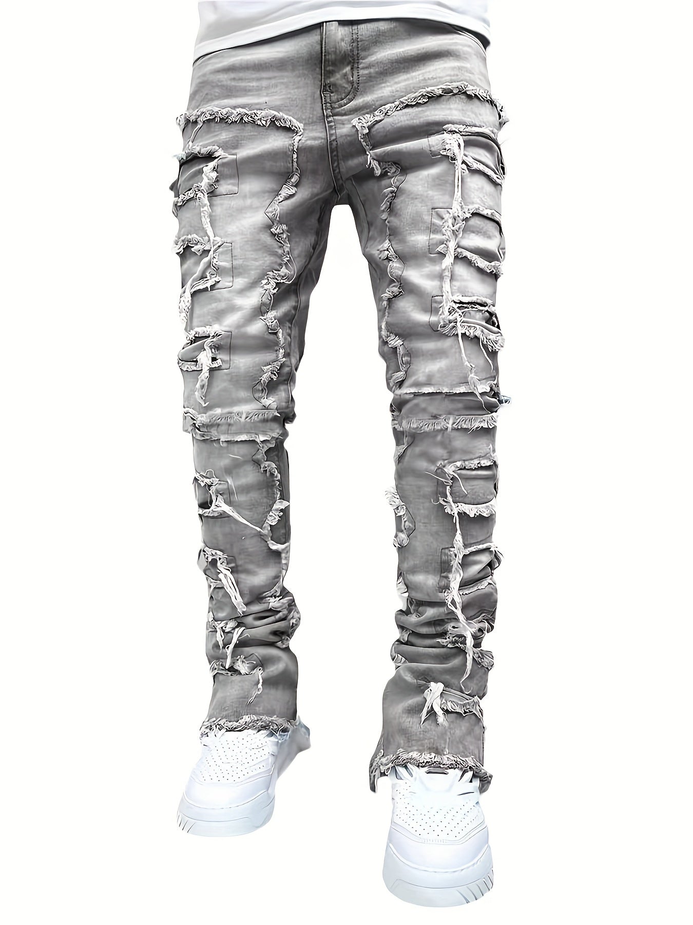 Men's Slim-Fit Stretch Denim Jeans with Raw Trim & Tassel Details -  Distressed Street Style Hip-Hop Pink / S Pink / M Pink / L Pink / S-Pink / M-Pink / L-Pink / XL-Pink / XXL-