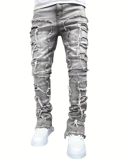 Men's Slim-Fit Stretch Denim Jeans with Raw Trim & Tassel Details -  Distressed Street Style Hip-Hop Pink / S Pink / M Pink / L Pink / S-Pink / M-Pink / L-Pink / XL-Pink / XXL-