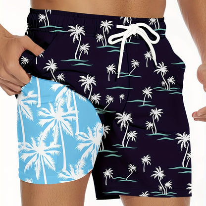 Men'S Summer 2-in-1 Compression Quick-drying Swim Trunks Beach Coconut Tree Print Loose Swim Shorts | Black Lined Blue Lined Side Pockets | Swim Training, Vacation, Casual Stretch, Breathable Beach Pants