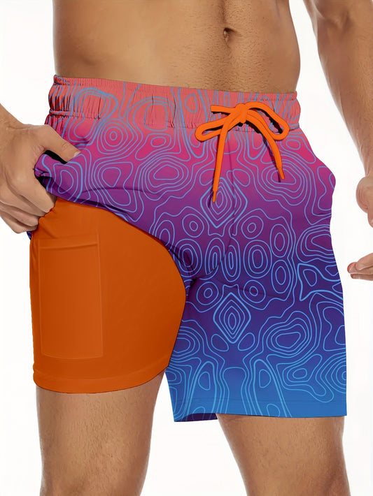 Men'S Breathable Quick-dry Swim Trunks Sport Style With Elastic Vibrant Gradient Colors, Adjustable Drawstring Waistband, Dual Pockets