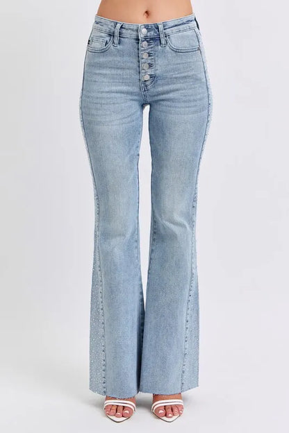 Judy Blue Full Size Midi Rise Rhinestone Side Panel Detail Flare Jeans Plus Size LT / 1(25) LT / 5(27) LT / 7(28) LT / 1(25)-LT / 5(27)-LT / 7(28)-LT / 9(29)-LT / 20W-LT / 0(24)-LT / 3(26)-LT / 11(30)-LT / 13(31)-LT / 15(32)-LT / 14W-LT / 16W-LT / 18W-LT / 22W-LT / 24W-